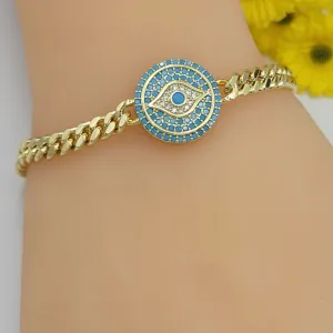 Bracelets - 14K Gold Plated. Blue Crystals Evil Eye Bracelet. Curb Link Chain. Amulet.