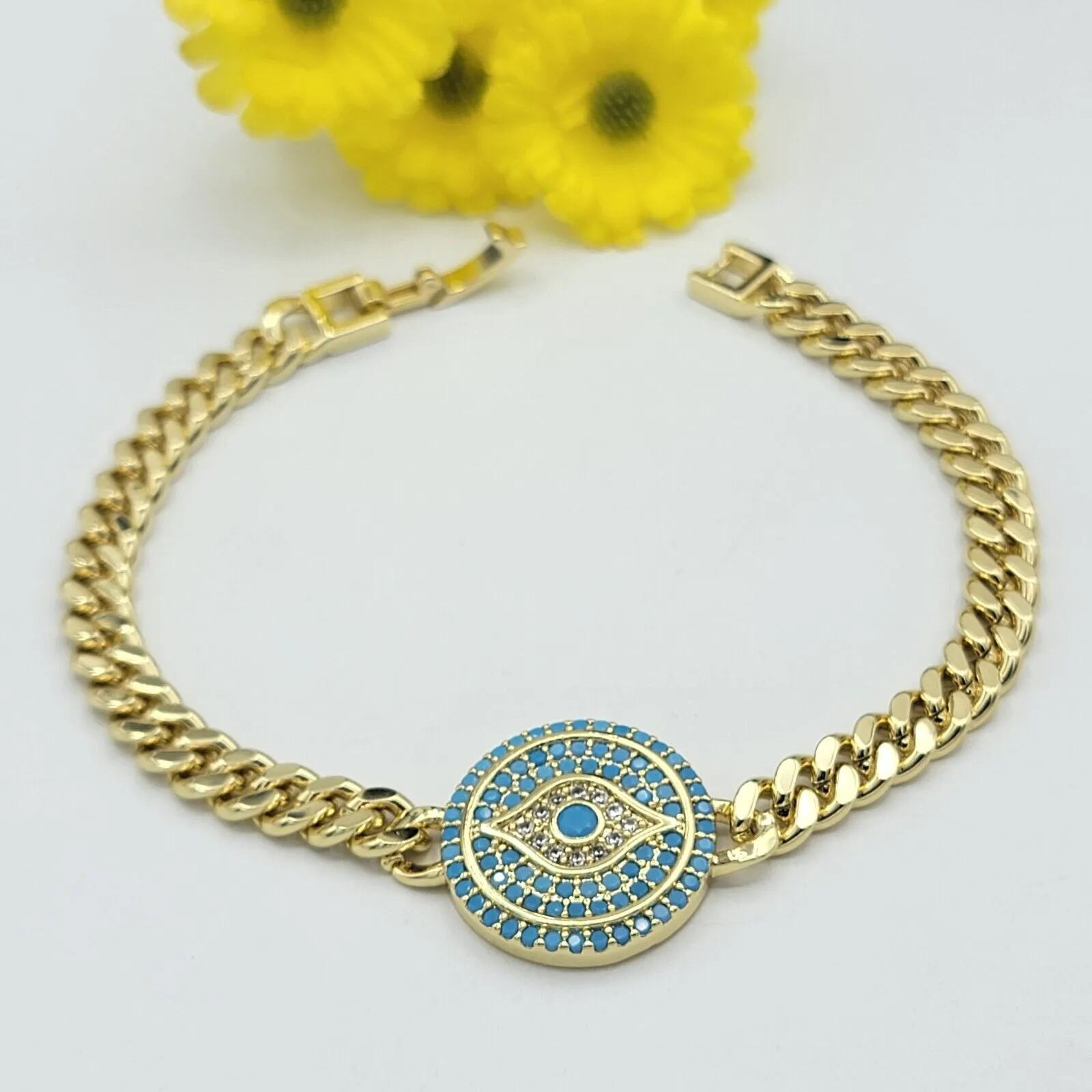 Bracelets - 14K Gold Plated. Blue Crystals Evil Eye Bracelet. Curb Link Chain. Amulet.