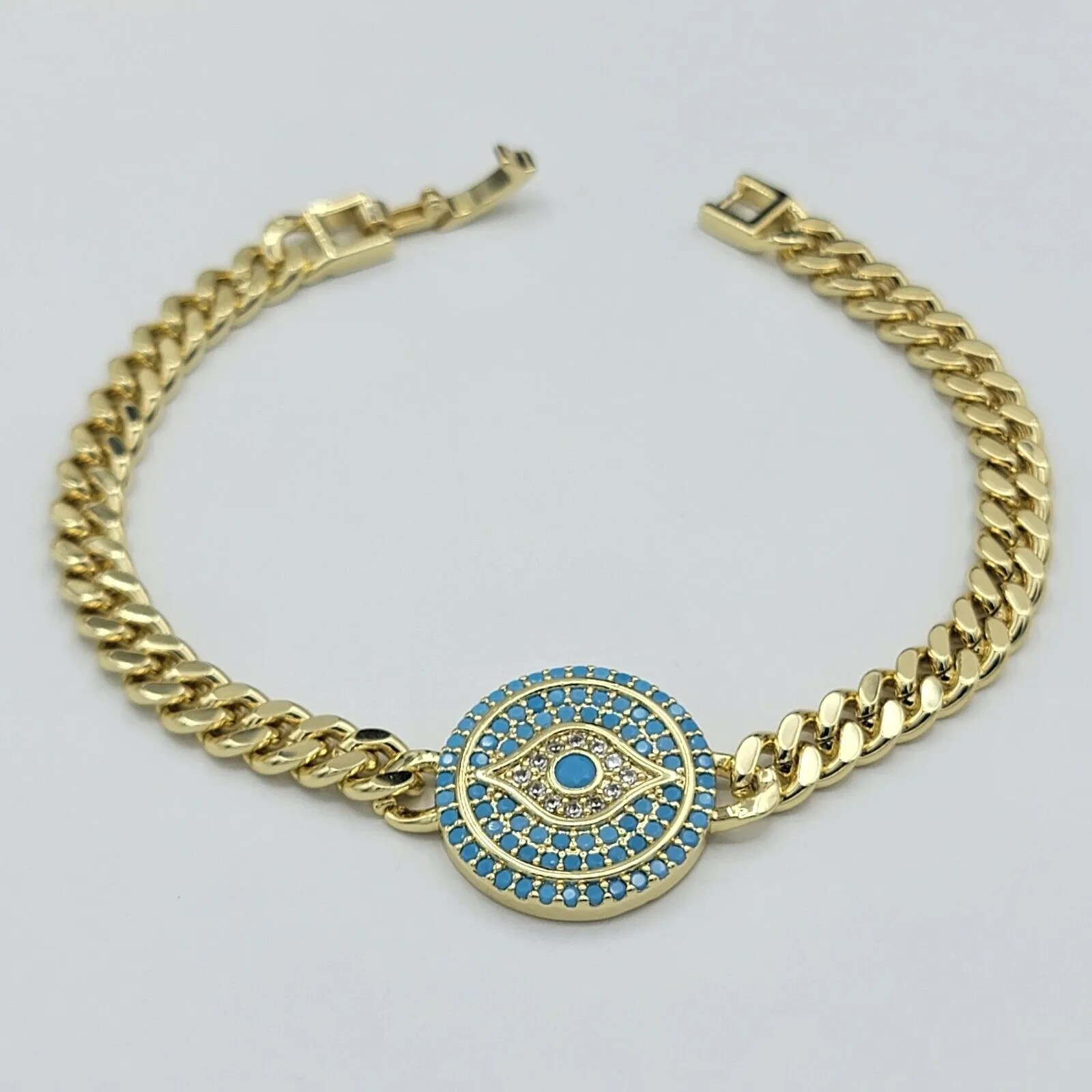 Bracelets - 14K Gold Plated. Blue Crystals Evil Eye Bracelet. Curb Link Chain. Amulet.