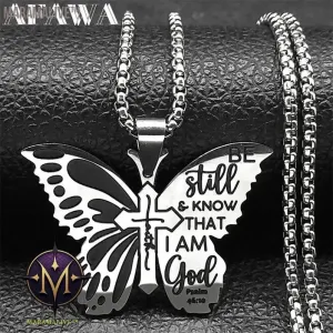 Butterfly Faith Cross Pendant Necklace for Women Men Stainless Steel Be Still and Know That I Am God Psalm Chain Jewelry collier