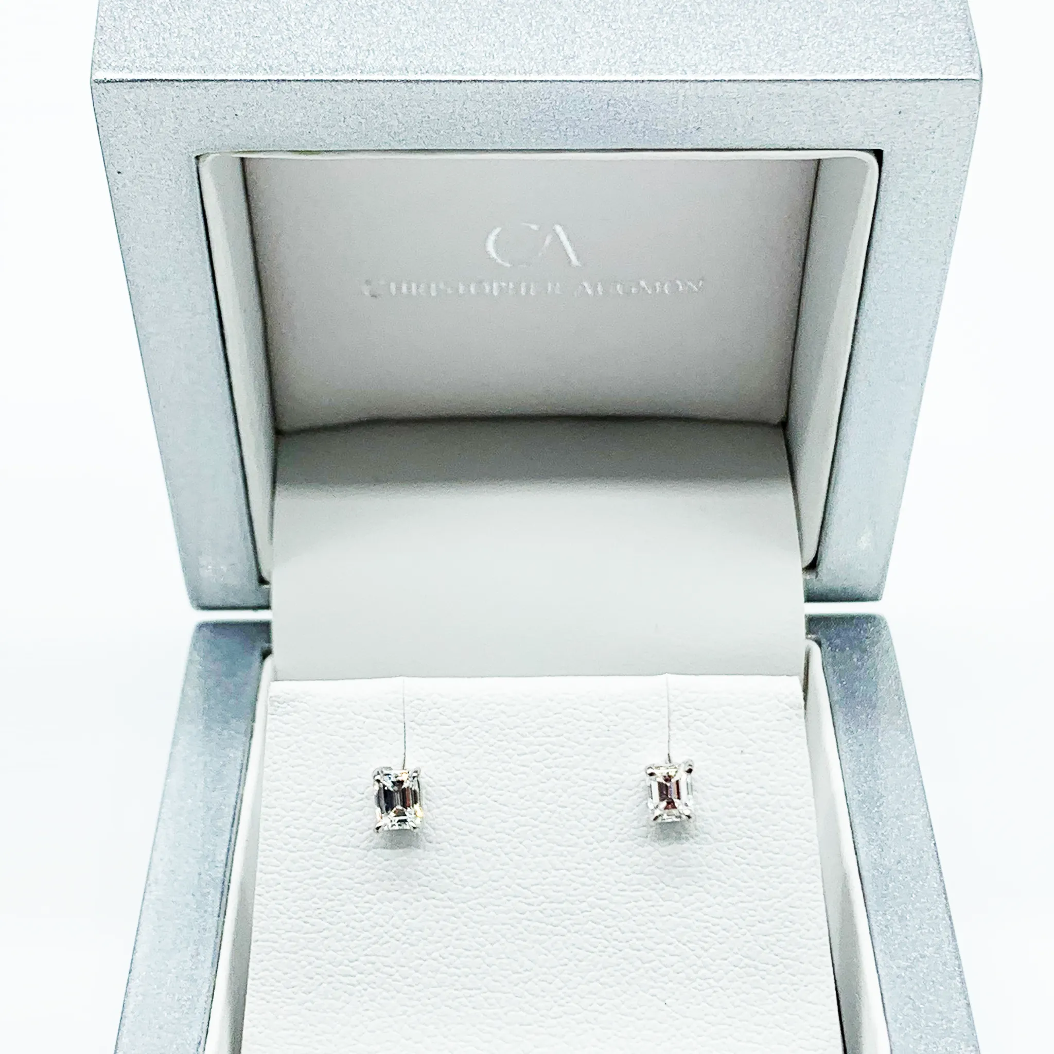 CA 18 Karat White Gold and Diamond " Classic Emerald Cut" Stud Earring