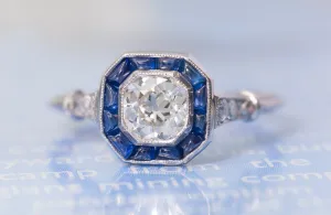 CABOCHON CUT SAPPHIRE AND OLD MINE CUT DIAMOND TARGET RING