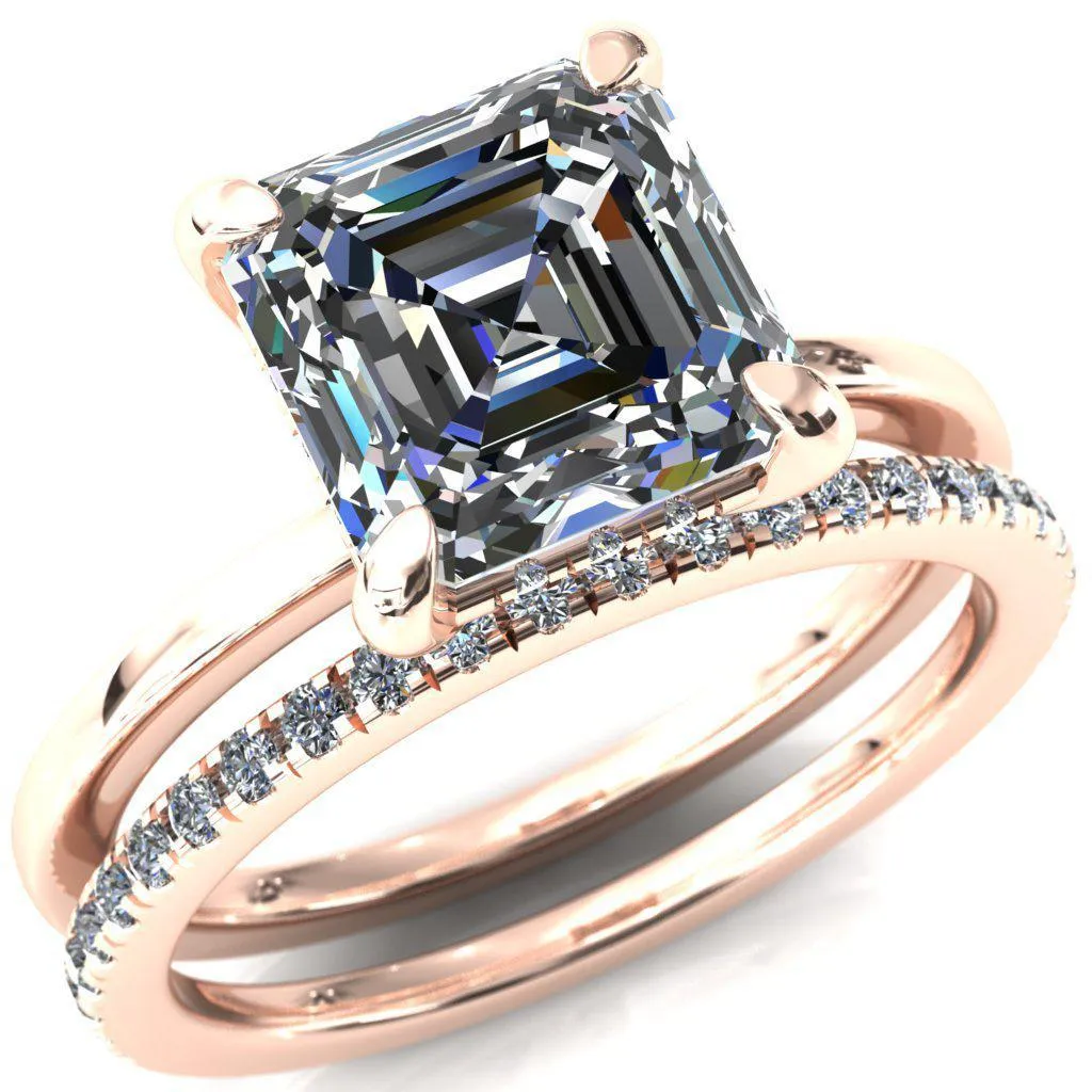 Carmeli Asscher Moissanite 4 Claw Prong Micro Pave Diamond Rail Engagement Ring