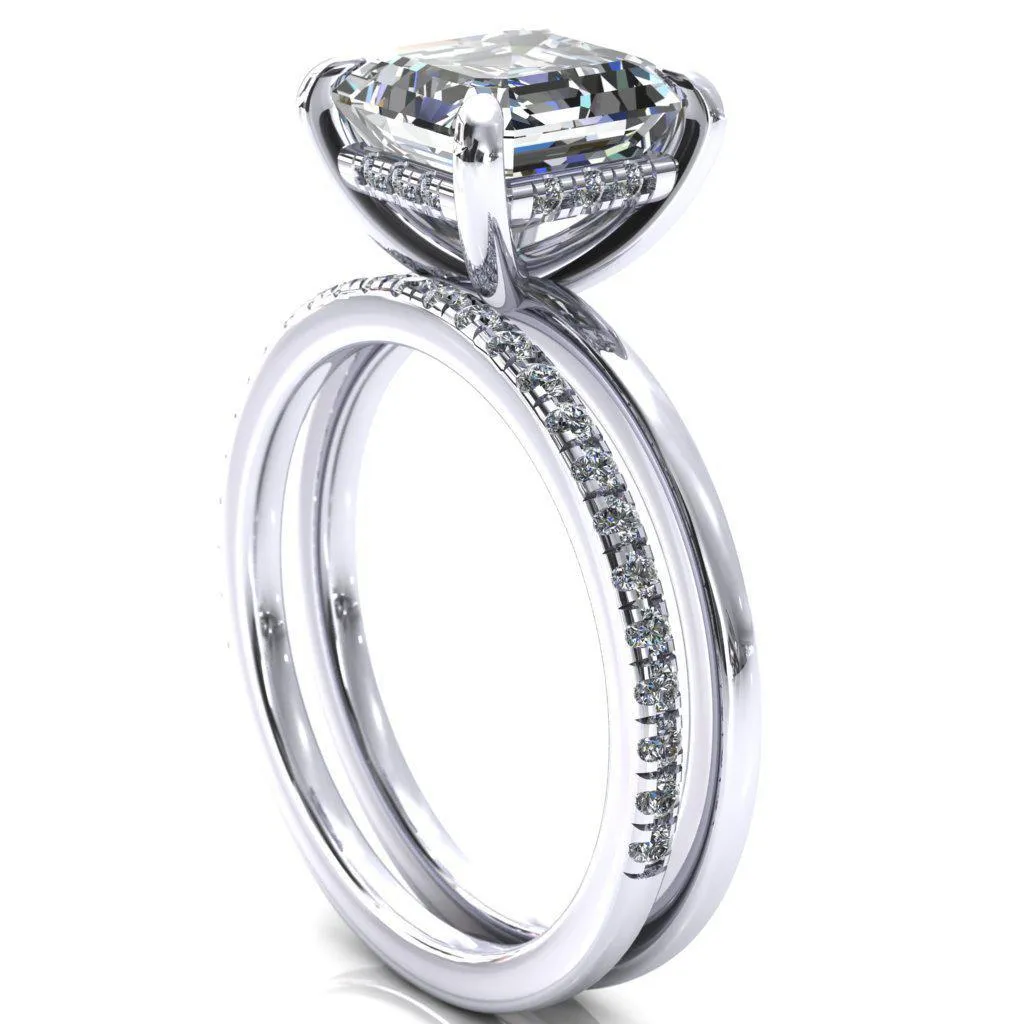 Carmeli Asscher Moissanite 4 Claw Prong Micro Pave Diamond Rail Engagement Ring