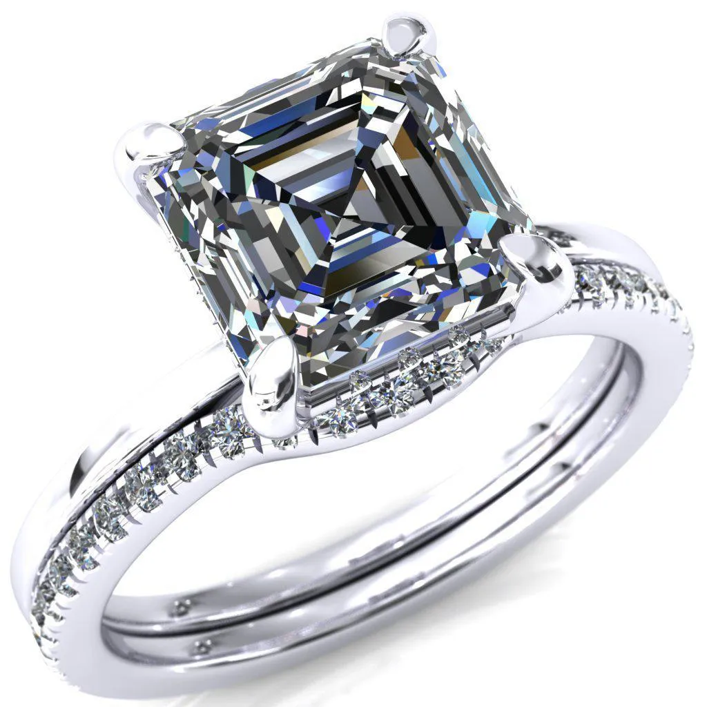 Carmeli Asscher Moissanite 4 Claw Prong Micro Pave Diamond Rail Engagement Ring