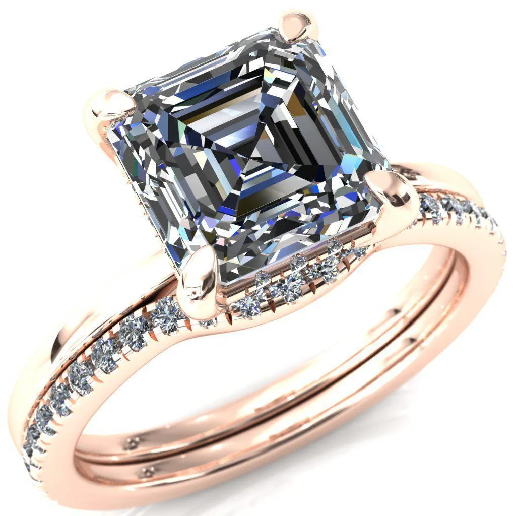 Carmeli Asscher Moissanite 4 Claw Prong Micro Pave Diamond Rail Engagement Ring