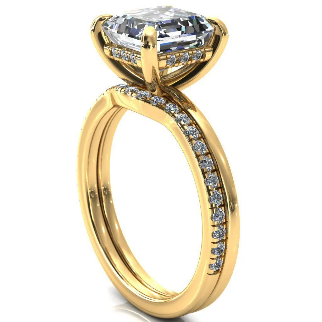 Carmeli Asscher Moissanite 4 Claw Prong Micro Pave Diamond Rail Engagement Ring