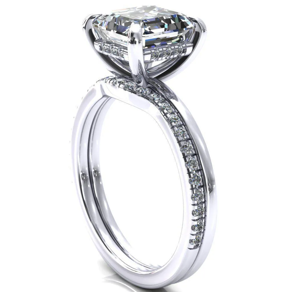 Carmeli Asscher Moissanite 4 Claw Prong Micro Pave Diamond Rail Engagement Ring