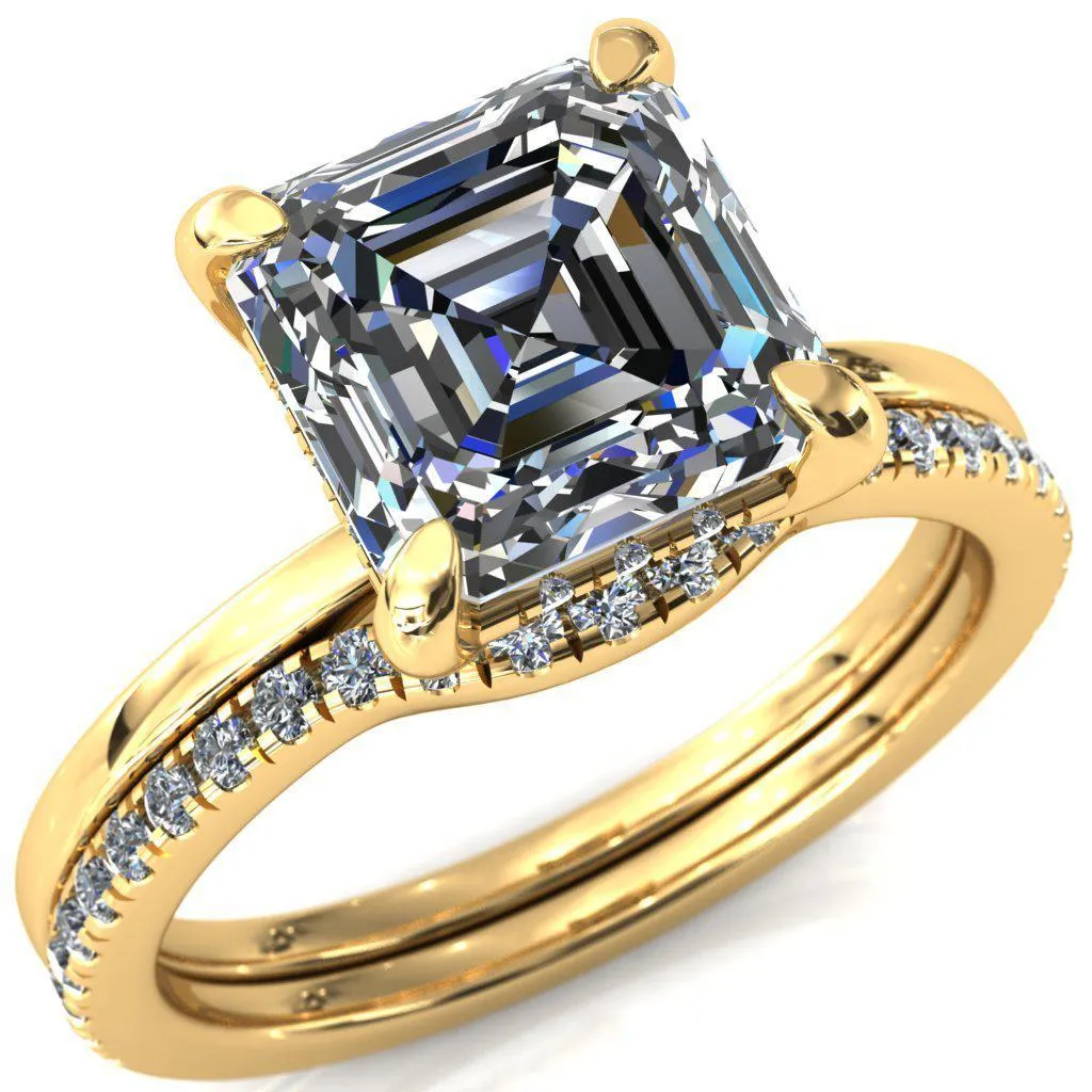 Carmeli Asscher Moissanite 4 Claw Prong Micro Pave Diamond Rail Engagement Ring