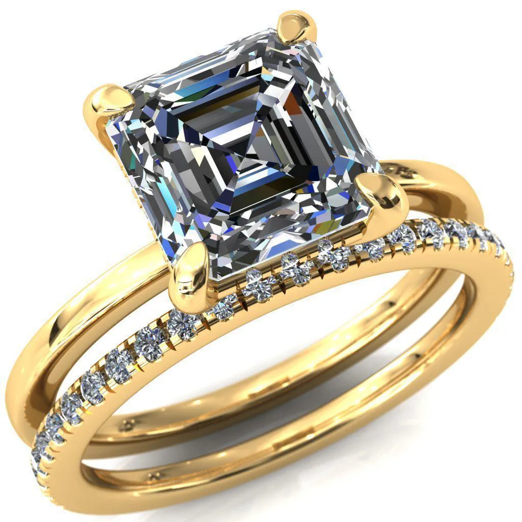 Carmeli Asscher Moissanite 4 Claw Prong Micro Pave Diamond Rail Engagement Ring