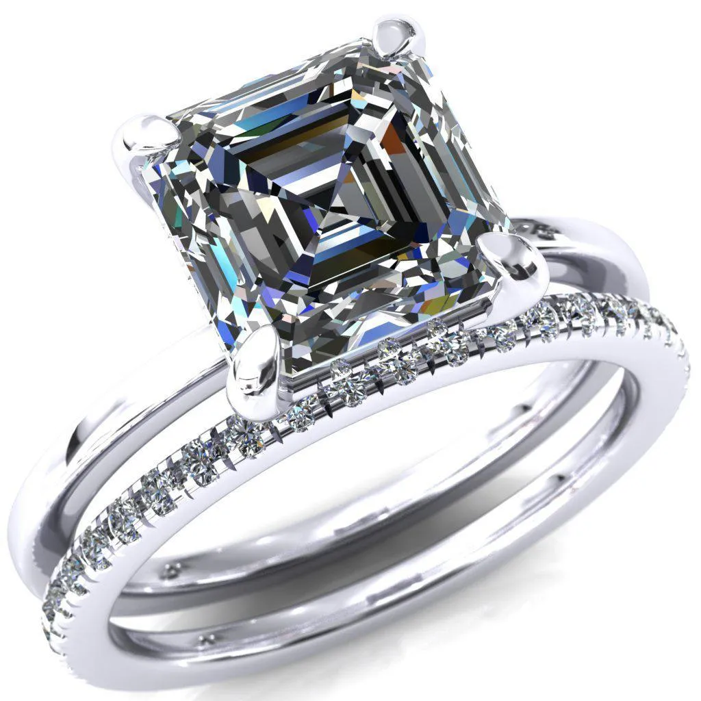 Carmeli Asscher Moissanite 4 Claw Prong Micro Pave Diamond Rail Engagement Ring