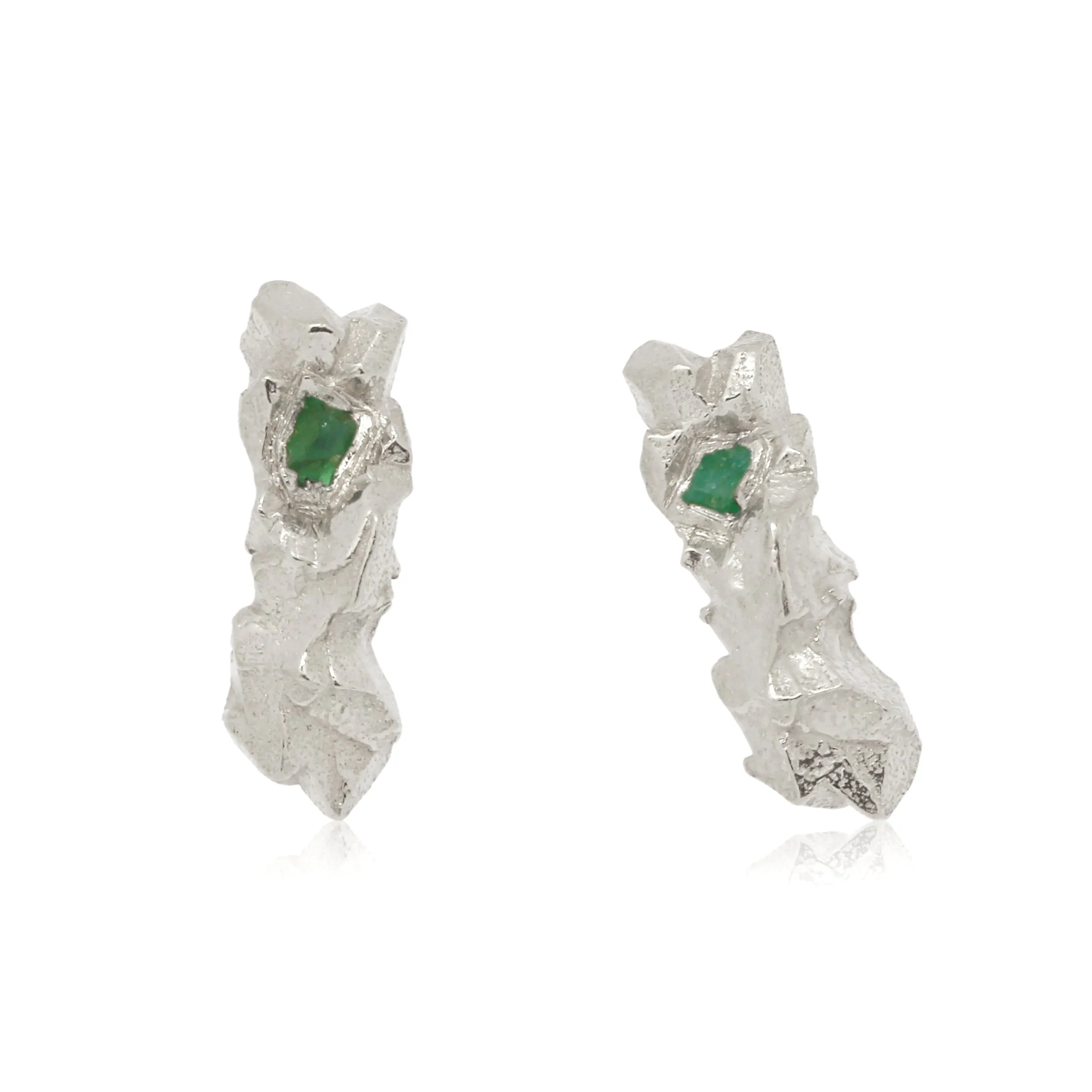 Carved In The Rock Earrings Silver with Raw Emeralds