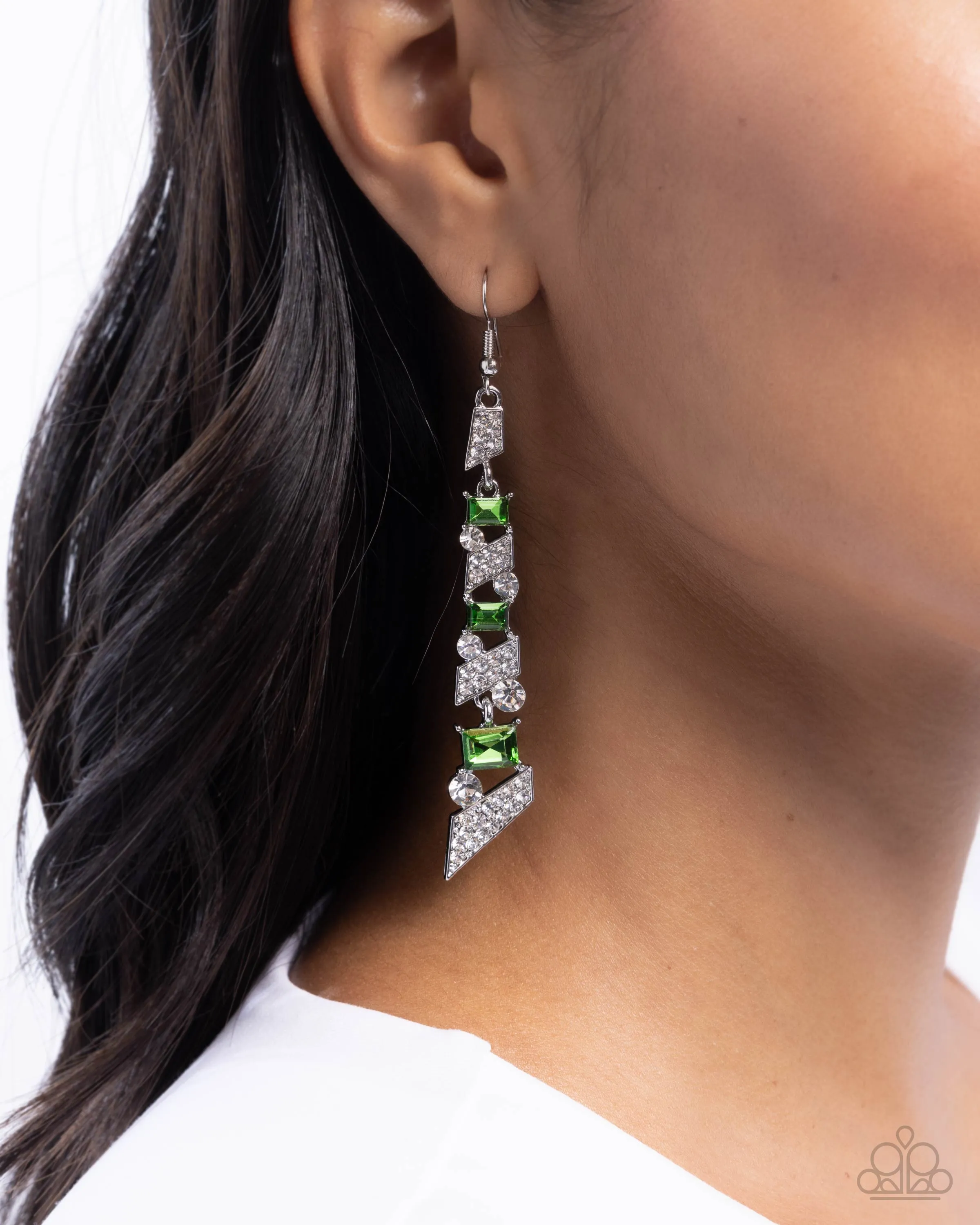 Cascading Cred - Green - Rhinestone Angular Paparazzi Fishhook Earrings