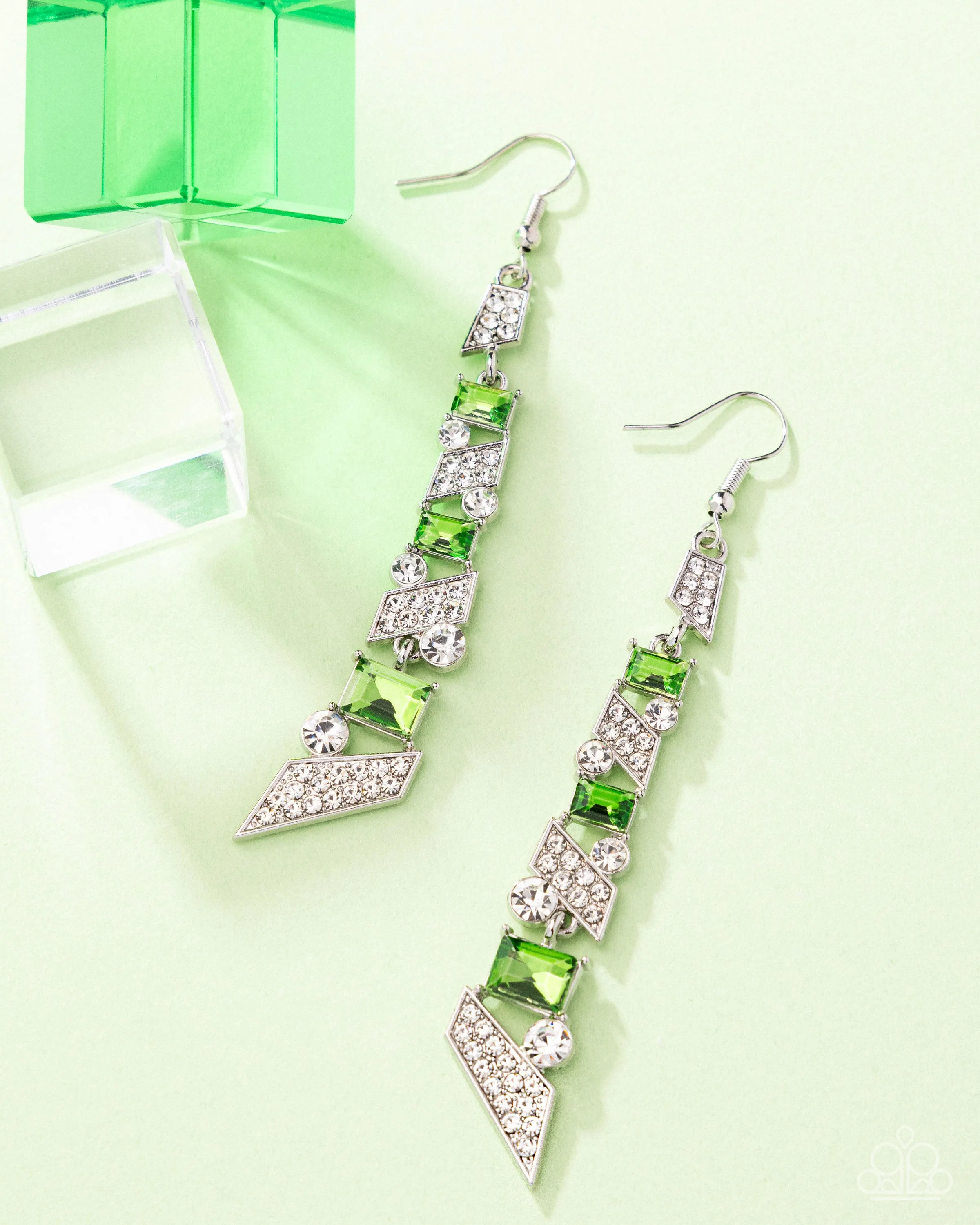Cascading Cred - Green - Rhinestone Angular Paparazzi Fishhook Earrings