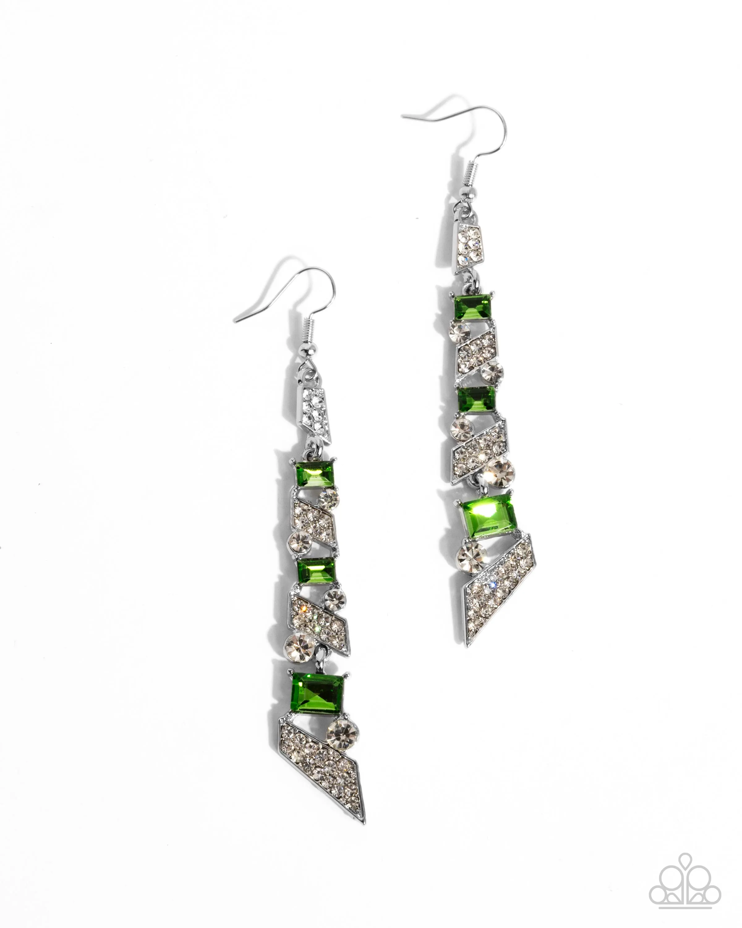 Cascading Cred - Green - Rhinestone Angular Paparazzi Fishhook Earrings