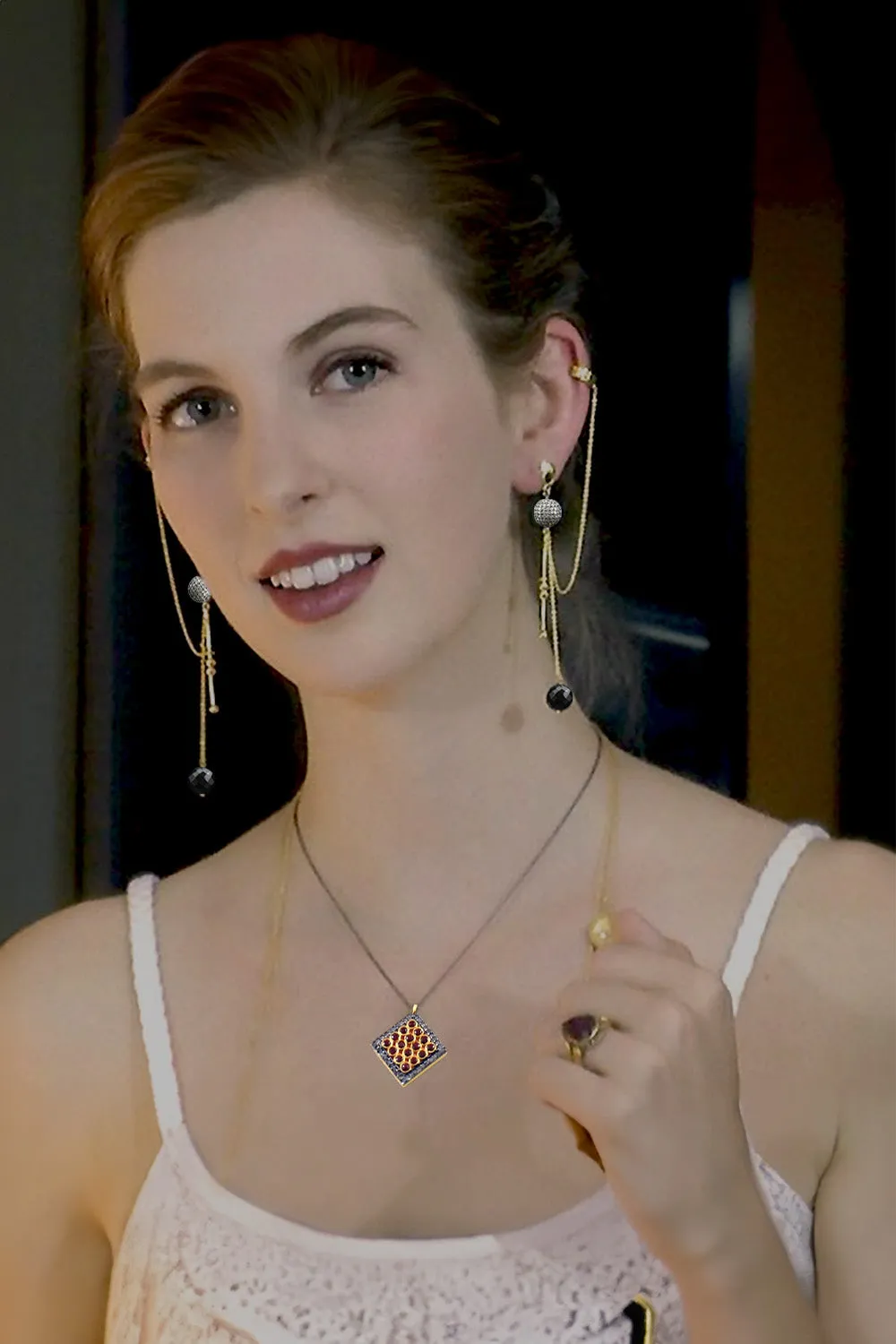 Cascading Diamonds & Rose Quartz Gold Ear Cuff Dangle Earrings | Sivalya