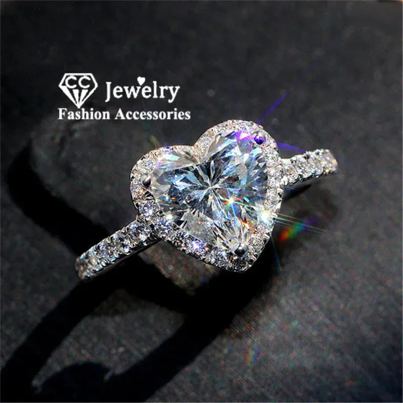 CC Heart Rings for Women Silver Color Wedding Engagement Bridal Jewelry Cubic Zirconia Stone