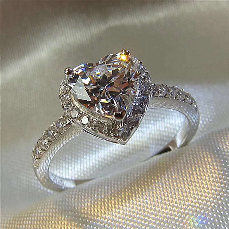 CC Heart Rings for Women Silver Color Wedding Engagement Bridal Jewelry Cubic Zirconia Stone