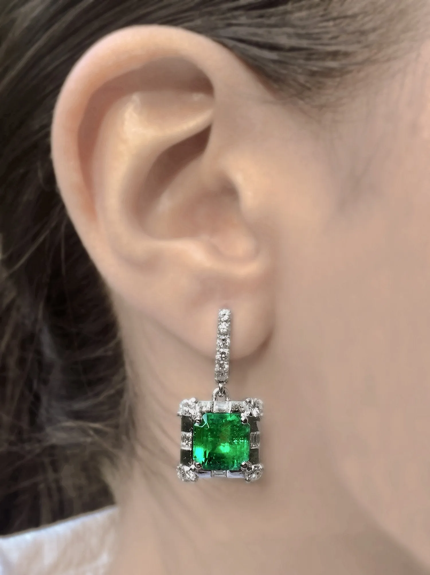 Certified 10.77 Carat Colombian Emerald Diamond Earrings 18K
