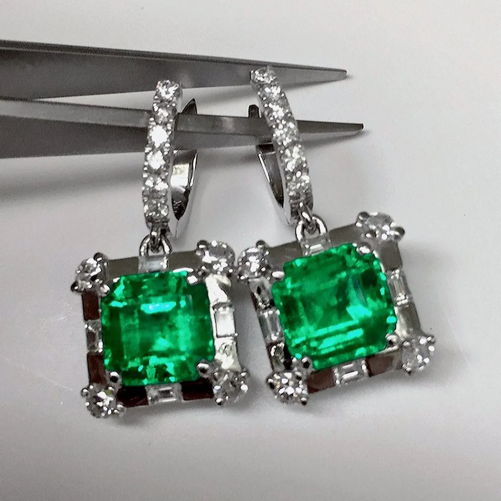 Certified 10.77 Carat Colombian Emerald Diamond Earrings 18K