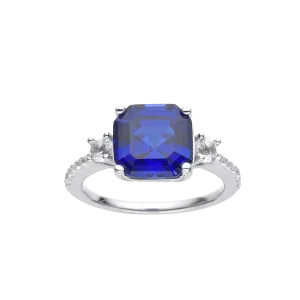 Ceylon Sapphire Asscher Cut Three Stone Ring