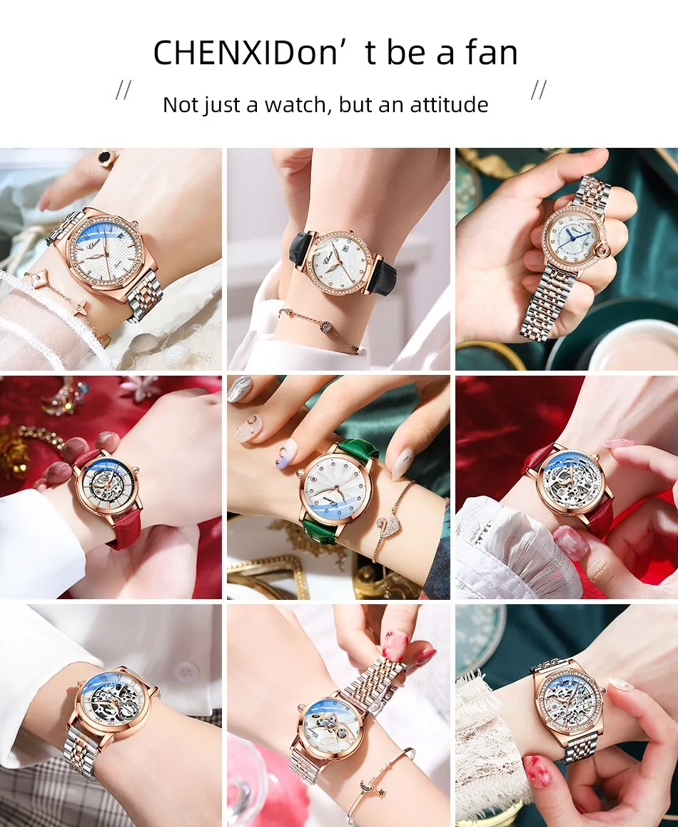 CHENXI Fashion Women Skeleton Watches Luxury Brand Mechanical Automatic Watch Stainless Steel Business Waterproof Wrist Watches