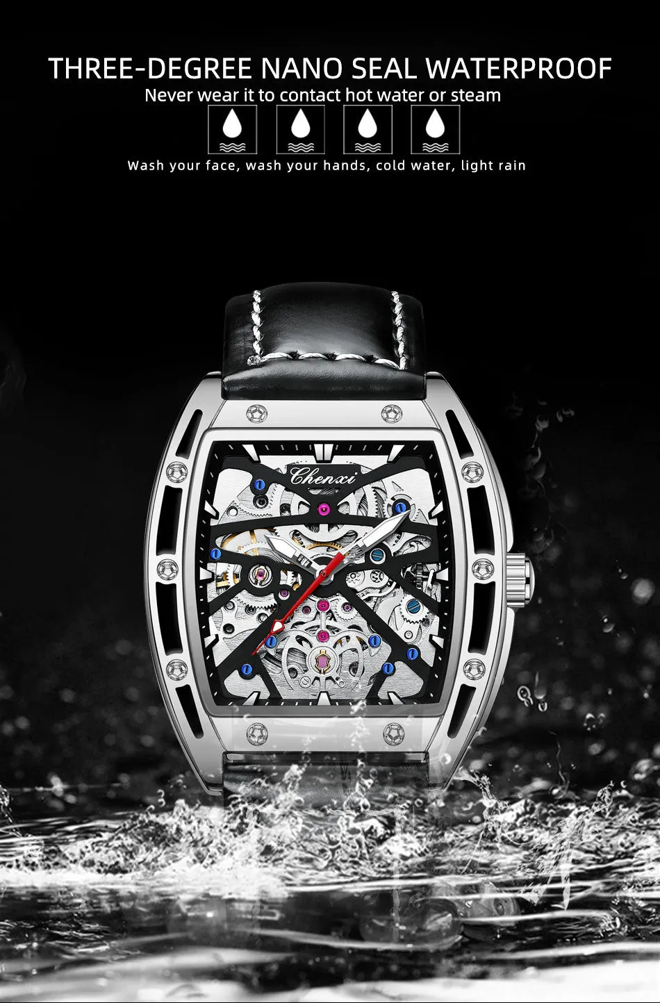 CHENXI New 2022 Mechanical Men Sport Watch Top Brand Waterproof Luxury Skeleton Mens Automatic Wrist Watches Leather Clock