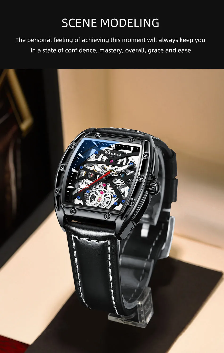 CHENXI New 2022 Mechanical Men Sport Watch Top Brand Waterproof Luxury Skeleton Mens Automatic Wrist Watches Leather Clock