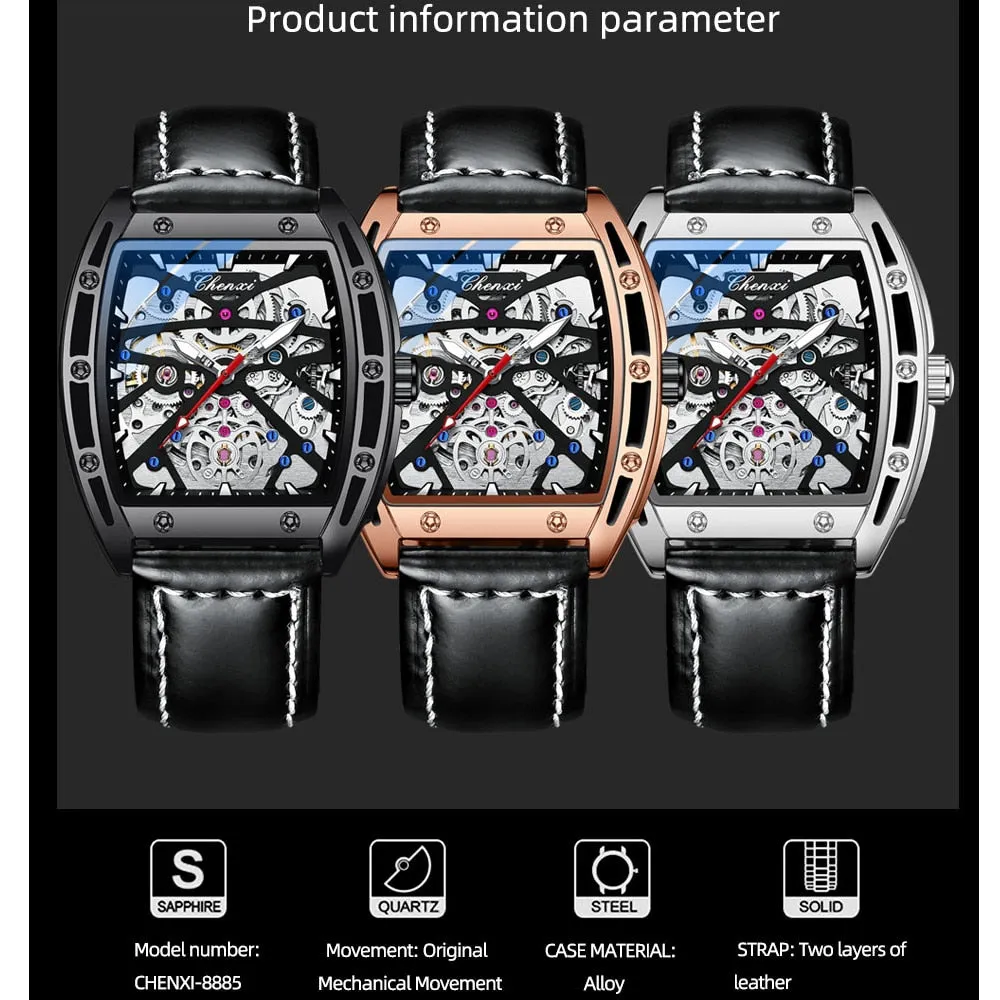 CHENXI New 2022 Mechanical Men Sport Watch Top Brand Waterproof Luxury Skeleton Mens Automatic Wrist Watches Leather Clock