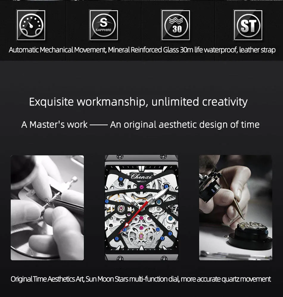 CHENXI New 2022 Mechanical Men Sport Watch Top Brand Waterproof Luxury Skeleton Mens Automatic Wrist Watches Leather Clock