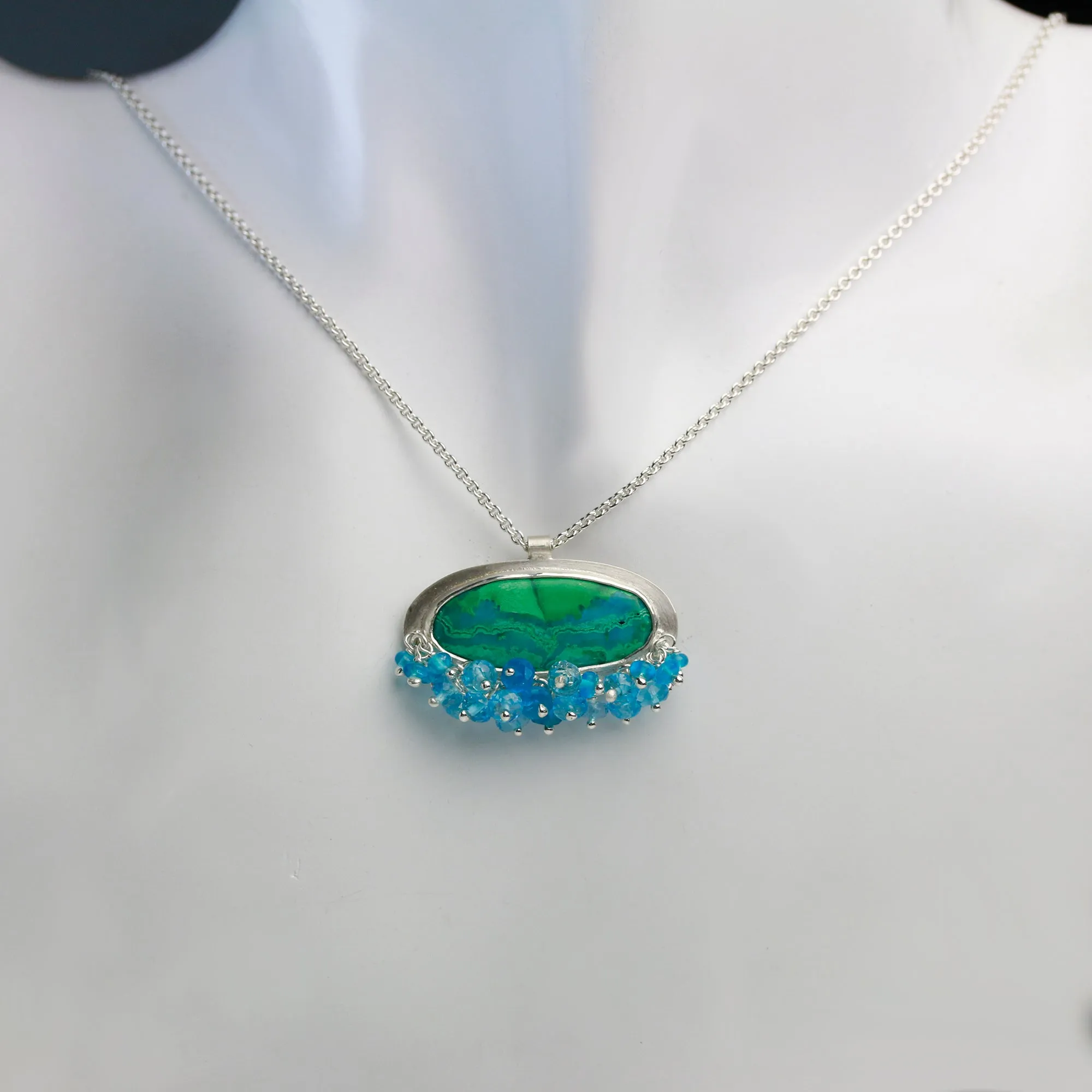 Chrysocolla Malachite Pendant with Blue Topaz Fringe