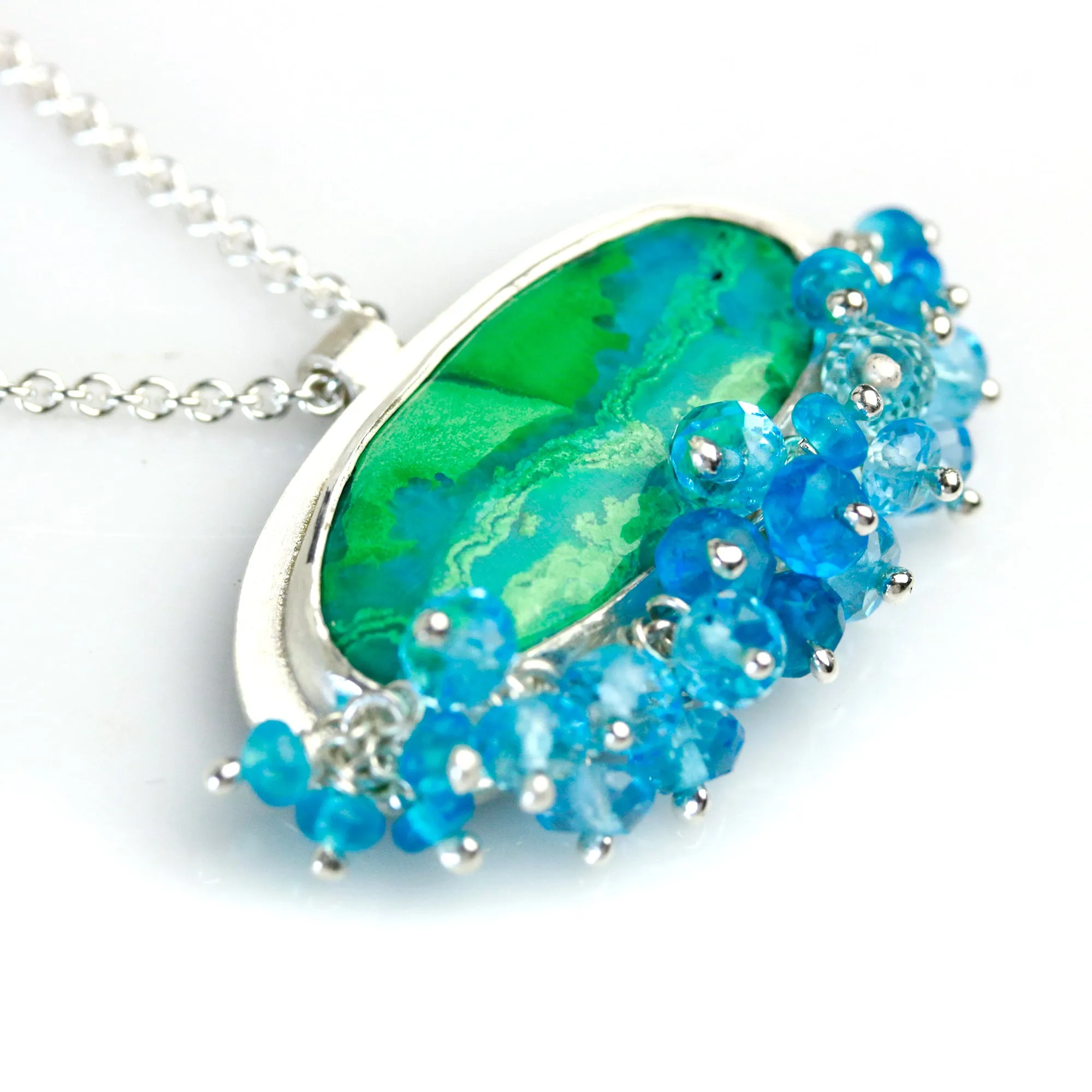 Chrysocolla Malachite Pendant with Blue Topaz Fringe