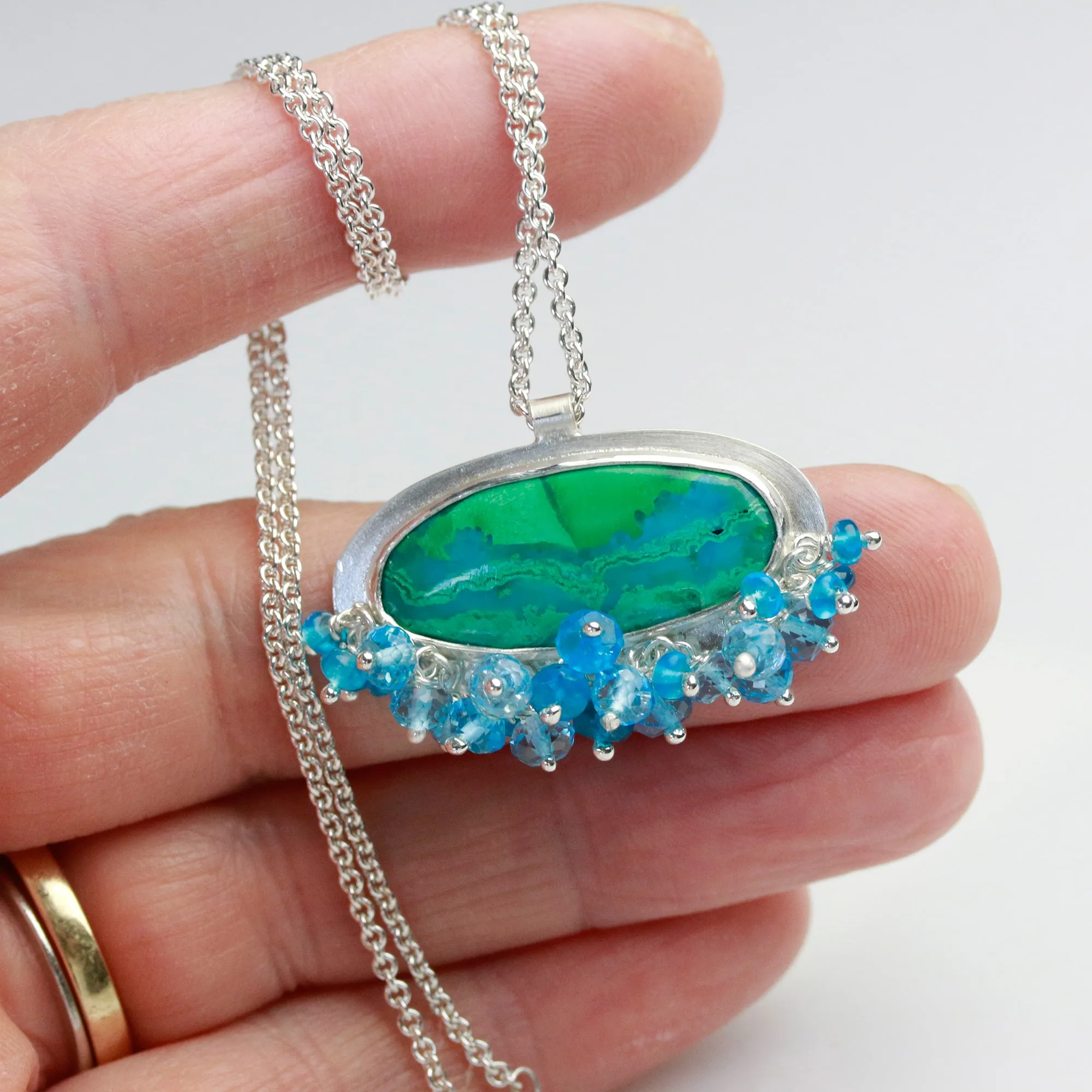Chrysocolla Malachite Pendant with Blue Topaz Fringe