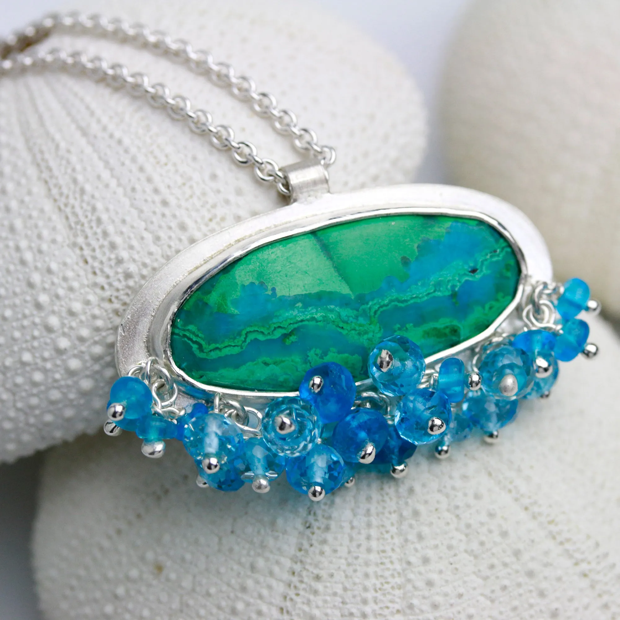 Chrysocolla Malachite Pendant with Blue Topaz Fringe