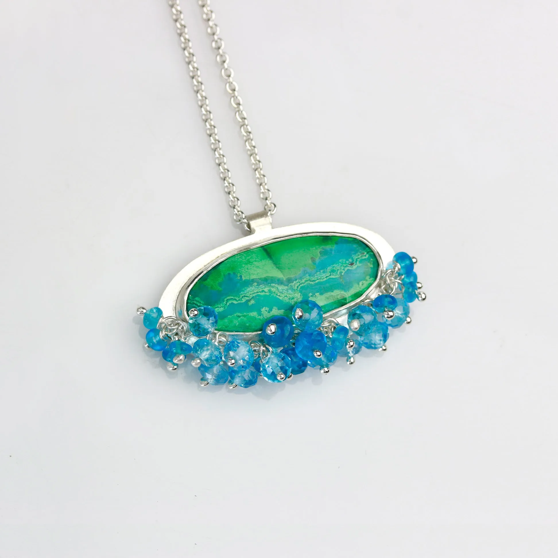 Chrysocolla Malachite Pendant with Blue Topaz Fringe
