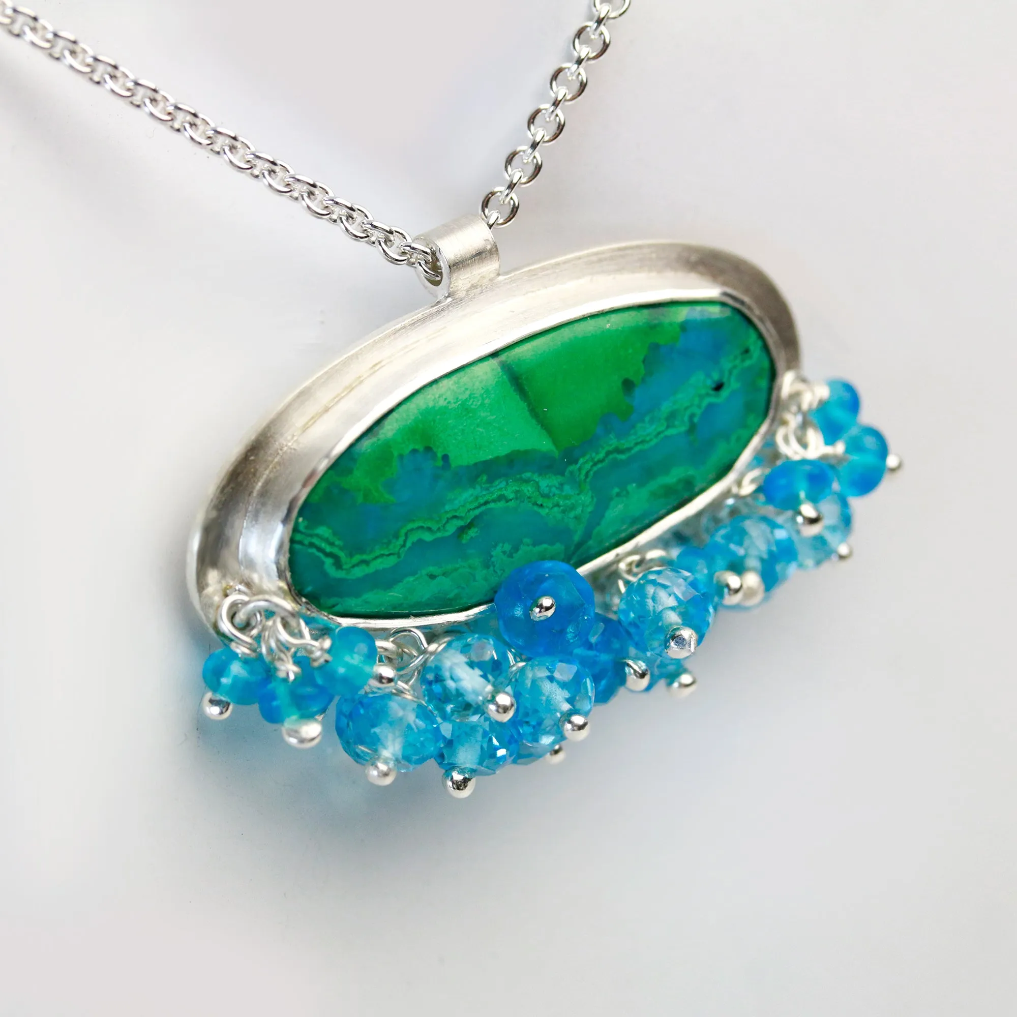 Chrysocolla Malachite Pendant with Blue Topaz Fringe