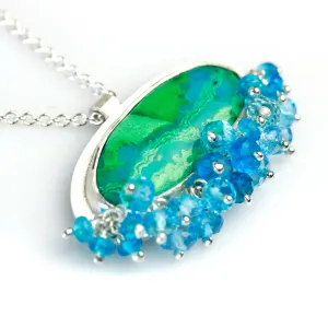 Chrysocolla Malachite Pendant with Blue Topaz Fringe