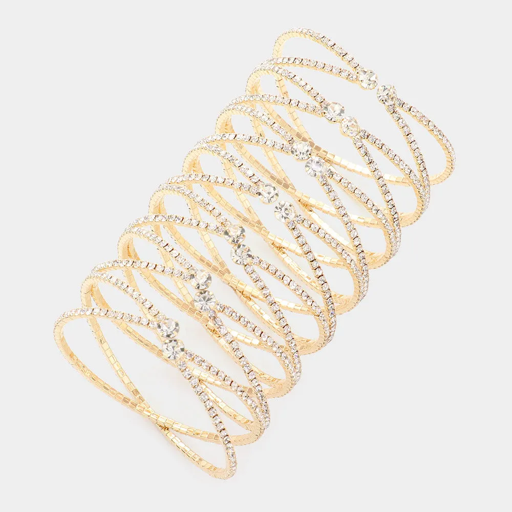 Clear Round Stone Long Crisscross Cuff Pageant Bracelet on Gold |  590660