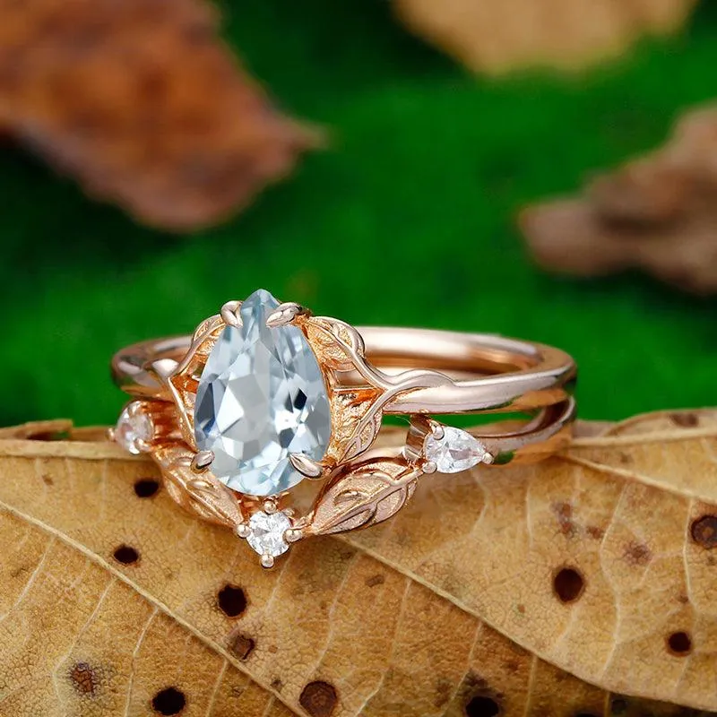 Cluster  Pear Cut Nature Leaf Twist Vines Aqumarine Bridal Ring Set