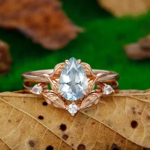 Cluster  Pear Cut Nature Leaf Twist Vines Aqumarine Bridal Ring Set