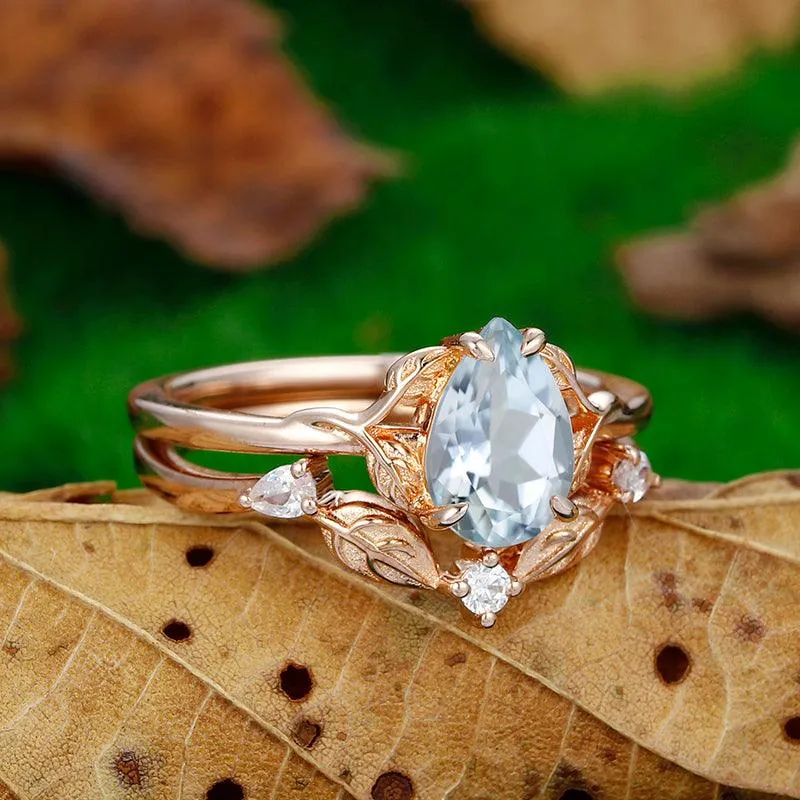 Cluster  Pear Cut Nature Leaf Twist Vines Aqumarine Bridal Ring Set