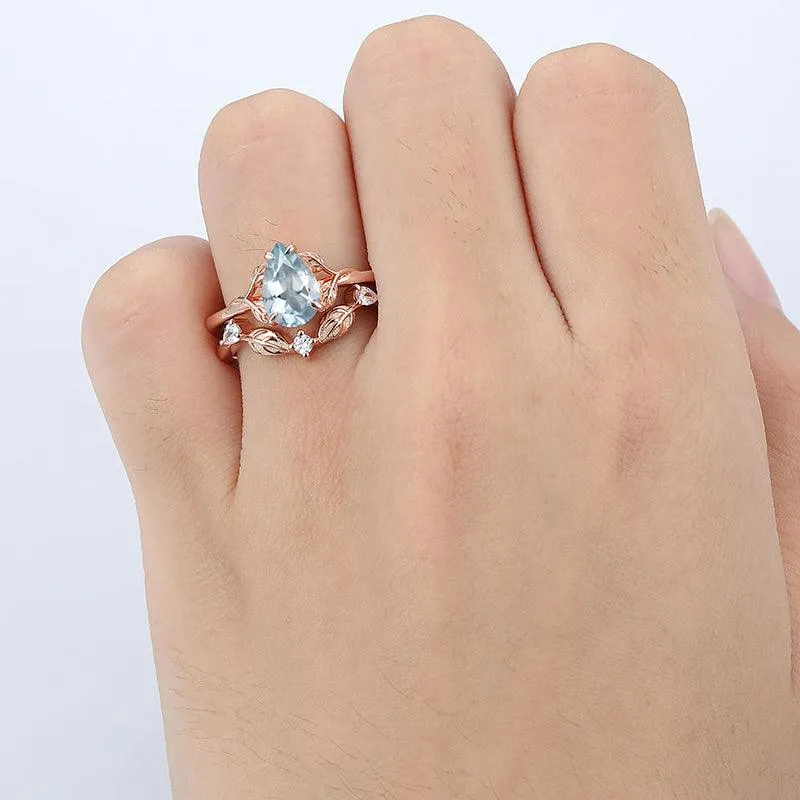 Cluster  Pear Cut Nature Leaf Twist Vines Aqumarine Bridal Ring Set