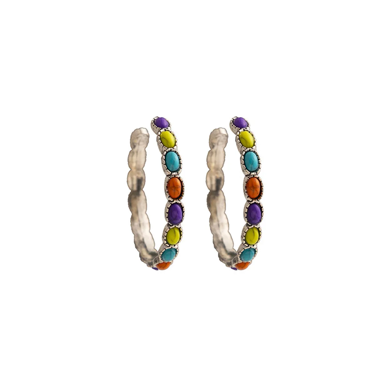 Colored Turquoise & Silver-Plated Oval-Cut Hoop Earrings
