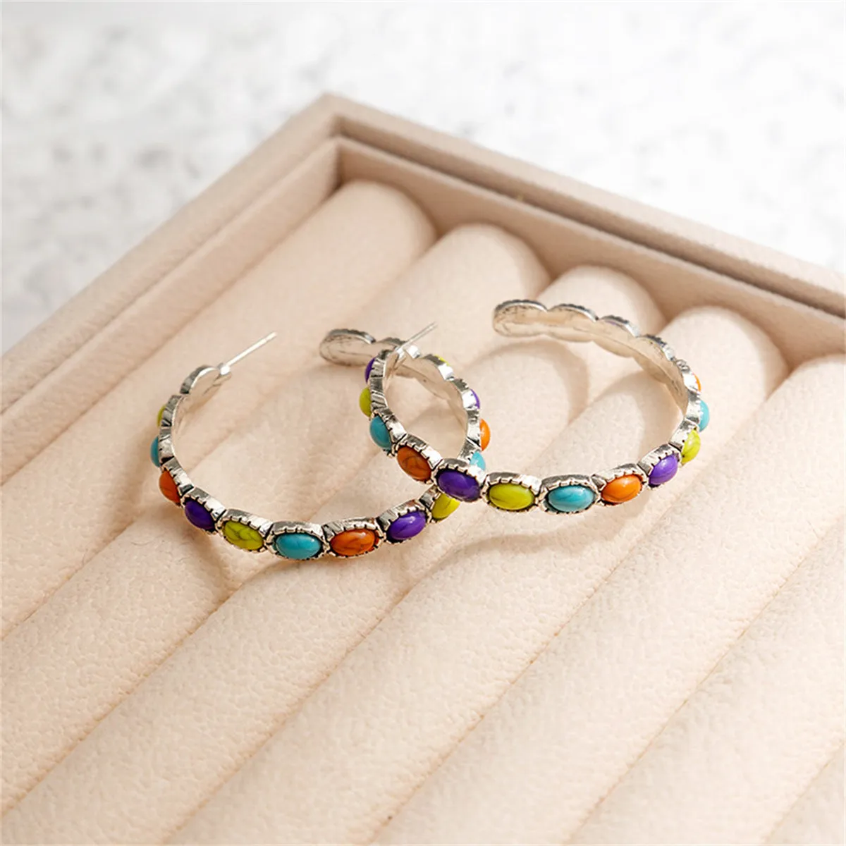 Colored Turquoise & Silver-Plated Oval-Cut Hoop Earrings