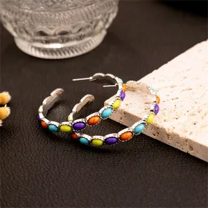 Colored Turquoise & Silver-Plated Oval-Cut Hoop Earrings