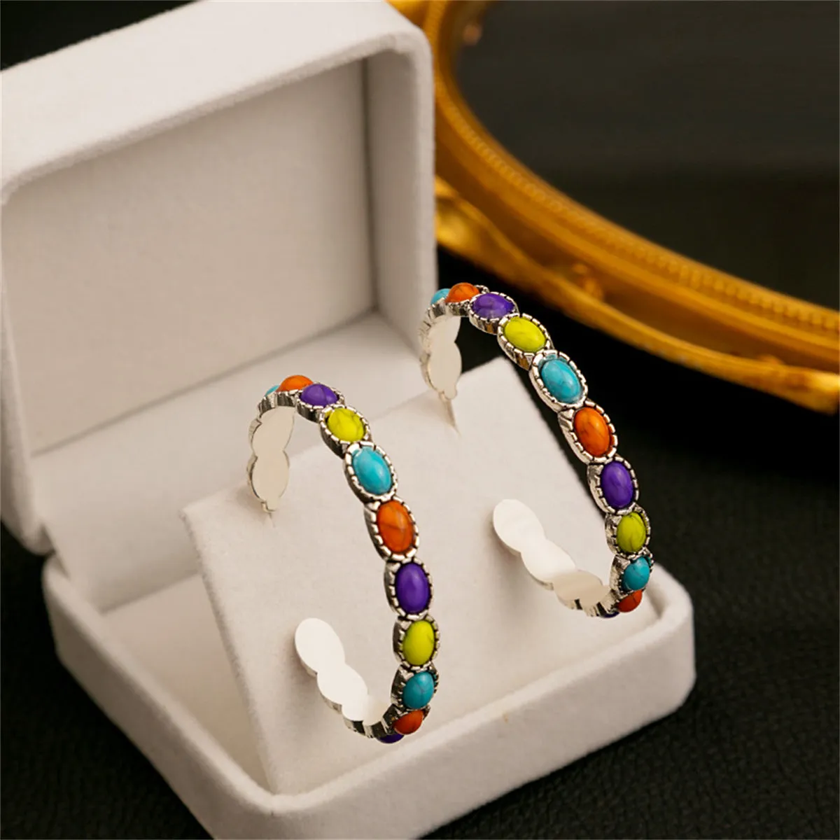 Colored Turquoise & Silver-Plated Oval-Cut Hoop Earrings