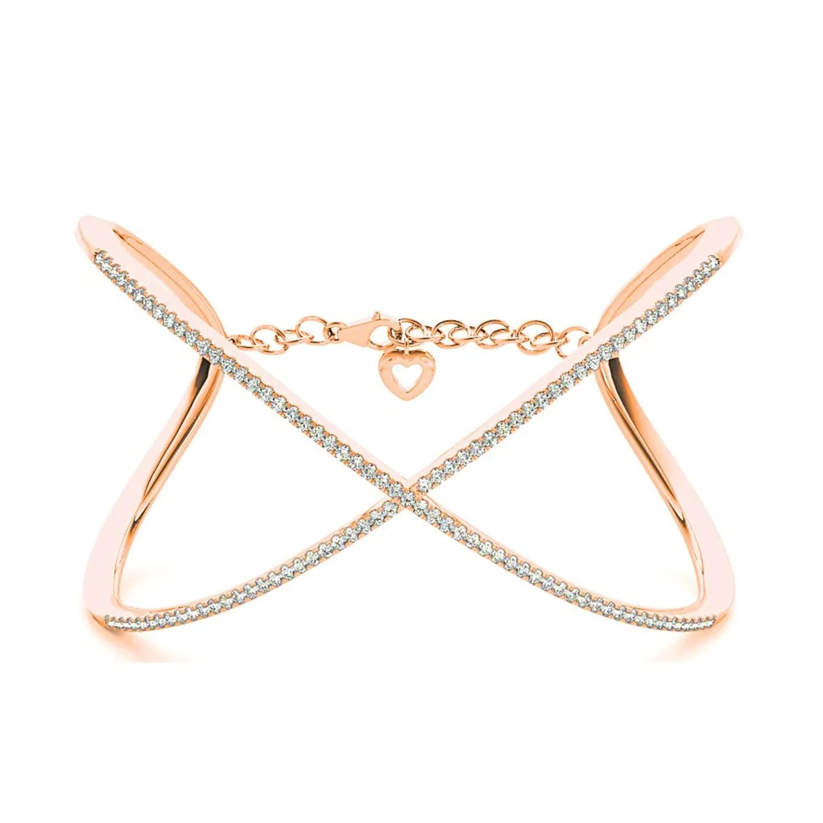 Criss Cross 1.63 ctw Round Diamond Cuff Bangle Bracelet With Security Chain