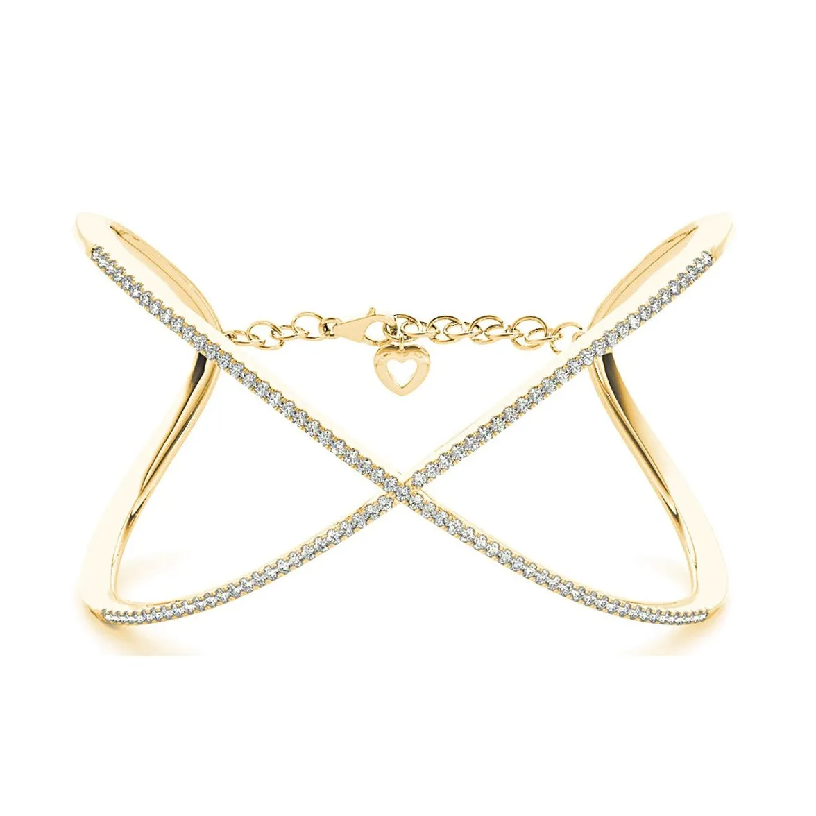 Criss Cross 1.63 ctw Round Diamond Cuff Bangle Bracelet With Security Chain
