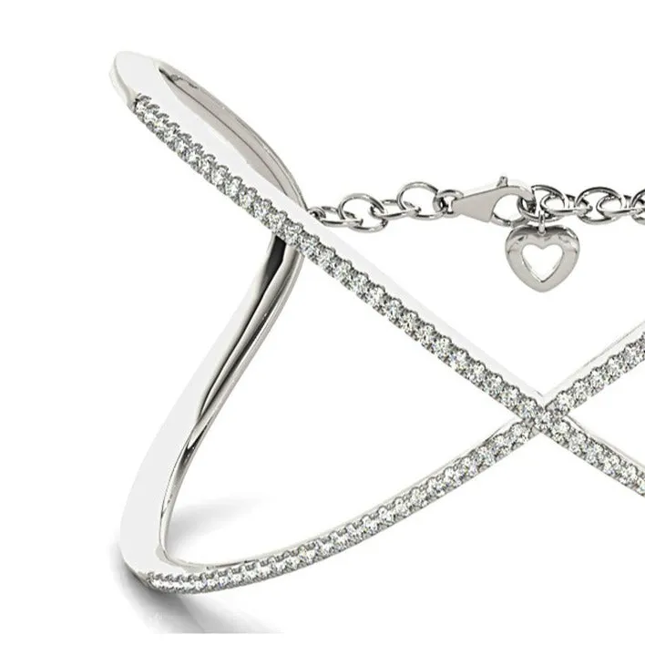 Criss Cross 1.63 ctw Round Diamond Cuff Bangle Bracelet With Security Chain