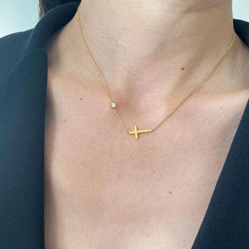 Cross and Diamond  Titanium Steel Plating Necklace
